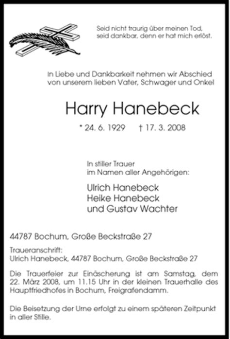 Traueranzeigen Von Harry Hanebeck Trauer In Nrw De