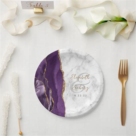 Purple Agate Marble Gold Script Wedding Paper Plates Zazzle Paper