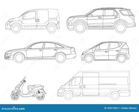 Sistema Del Vector De Coches De Los Iconos Del Esquema Vista Al