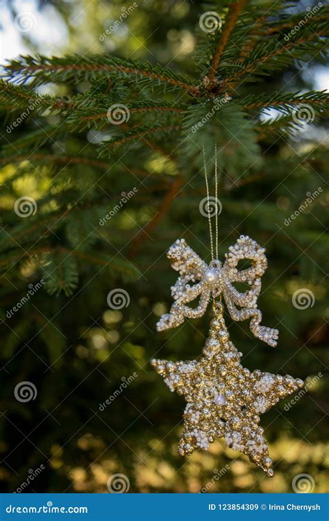 Gold Decorative Star In Ribbon On Blurred Brach Of Xmas Tree Merry