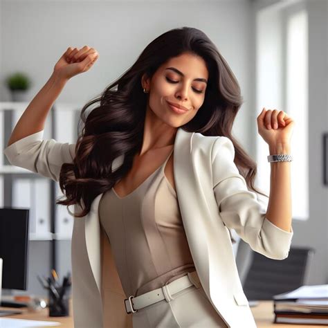 Premium AI Image Successful Latina Businesswoman Dances In Office Dress Celebrating Happily At