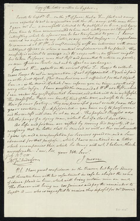 Letter. Benedict Arnold to John André in code, July 12, 1780