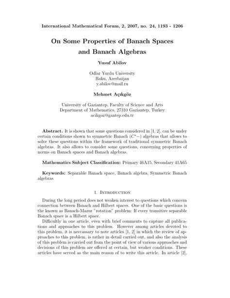 PDF On Some Properties Of Banach Spaces And Banach Algebras