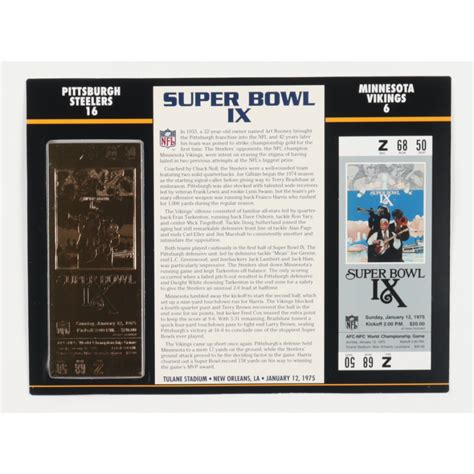 Super Bowl Ix Commemorative Scorecard With Kt Gold Ticket Pristine