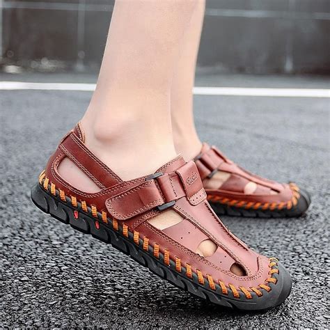 Geometric Outdoor Brown Mens Casual Shoes Leather Sandals Touchy Style Genuine Leather