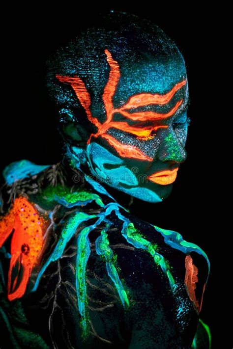 Close Up UV Portrait Of A Bodyart Flamengo Stock Image Image Of Face