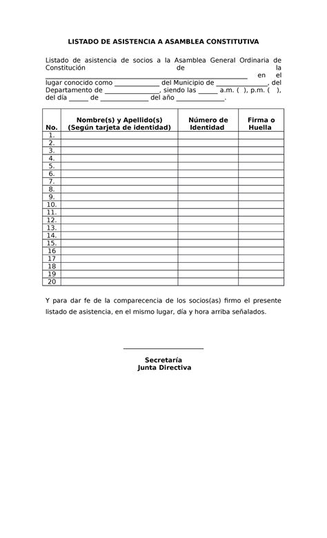 Formato Listado De Asistencia A Asamblea Constitutiva Listado De