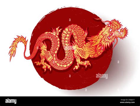 Vector Illustration Of A Gold Chinese Dragon On Red Background Golden