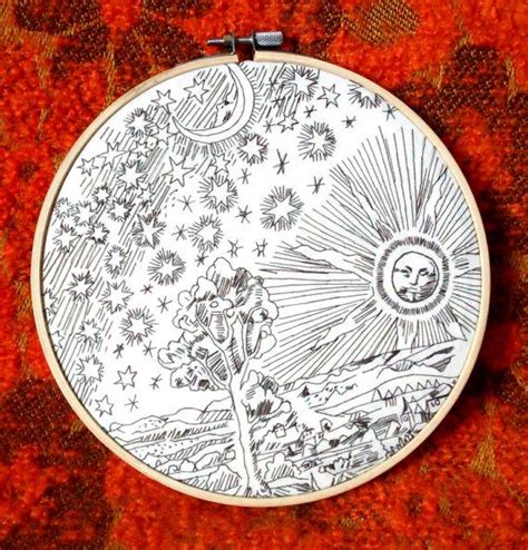 Sun Moon And Star Embroidery Hoop 7 Inch Woodcut Occult Star