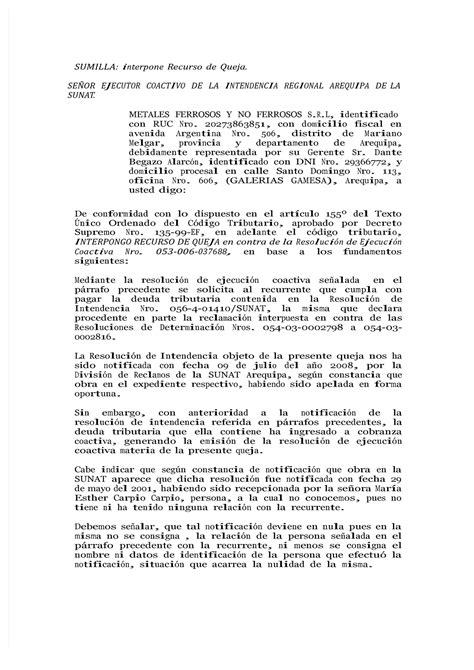 Pdf Recurso De Queja Modelo Sumilla Interpone Recurso De Queja