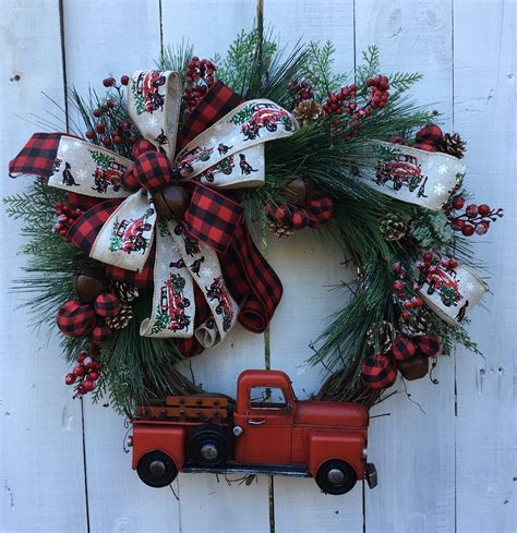 Red Truck Wreath Rustic Red Truck Wreath Farmhouse Wreath Holiday