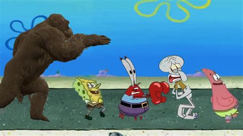 Squidward Spongebob Mr Krabs And Patrick Run Away From Kong Youtube