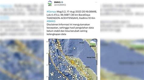 Update Gempa Dangkal 5 2 SR Terasa Hingga Bener Meriah Begini