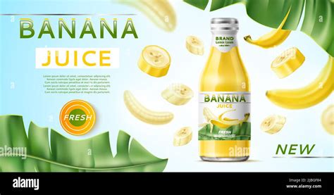 Realistic Banana Poster Fruit Juice Advertising Banner Glass Bottle