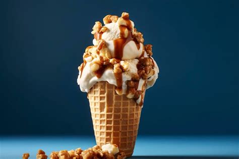 Premium Photo A Caramel Popcorn Crunch Ice Cream Cone On A Blue