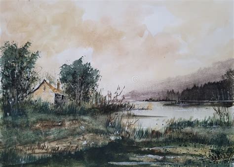 Watercolor Painting Showing Landscape View For Trees River And Hut