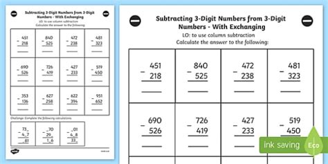 Digit Column Subtraction Year Worksheet Teacher Made