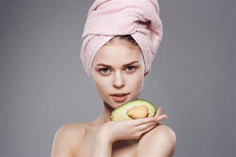 Beautiful Woman With Naked Body Clean Skin Avocado Posing Close Up