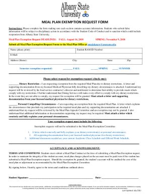 Fillable Online Meal Plan Exemption Request Form Fax Email Print