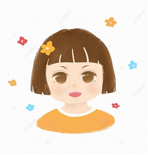 Gambar Kartun Lukis Tangan Positif Gadis Rambut Pendek Bahagia Dilukis Tangan Corak Hiasan