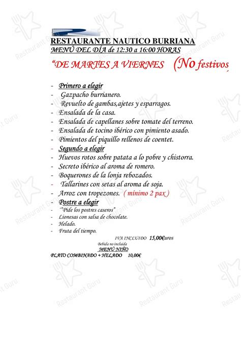 Carta De Restaurante N Utico Burriana Burriana C Zona De Servicios