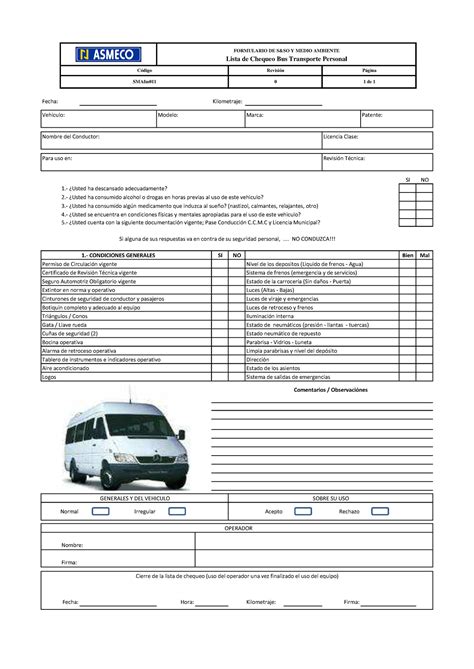 Smafm Lista Chequeo Bus Transporte Personal Fecha Kilometraje