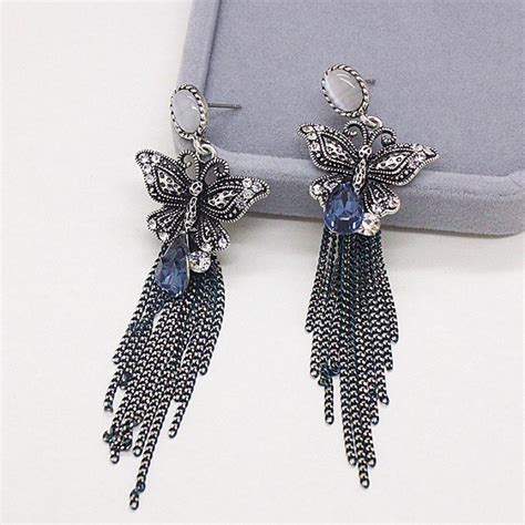 Pair Bead Jewelry Rhinestone Long Tassel Pendant Dangle Butterfly