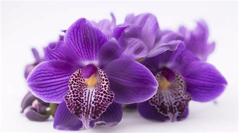 Tres Hermosas Orquídeas Moradas Están Sobre Un Fondo Blanco Imagen De