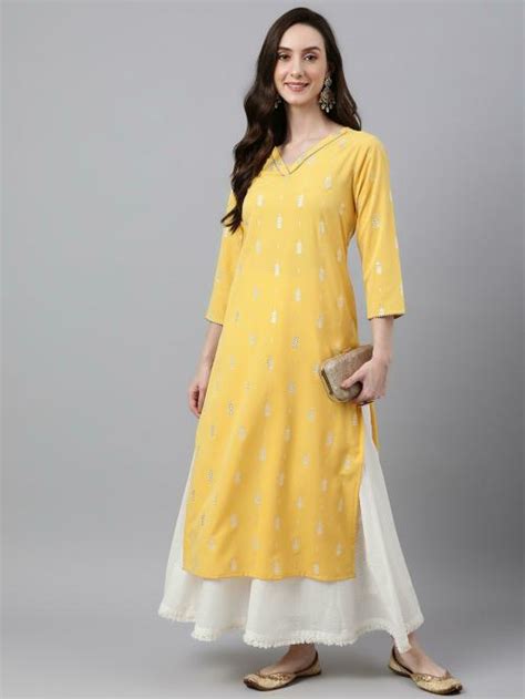 Buy Janasya Women S Mustard Crepe Foil Print Straight Kurta Online At