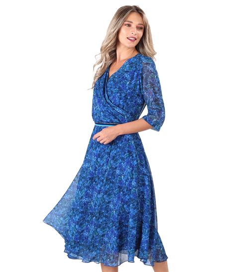 Elegant Veil Dress Printed With Floral Motifs Blue Yokko