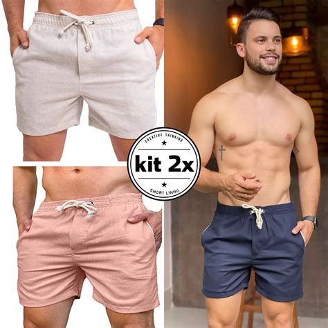 Kit Shorts Linho Premium Bermuda Mauricinho Masculina Slim Faz A Boa