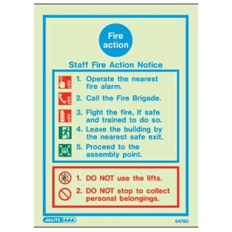 Staff Fire Action Notice Glow In The Dark Sign Rigid 15x20cm First Aid Supplies