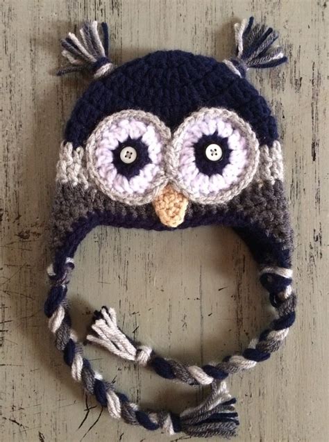 Crochet Navy Blue Light And Dark Grey Owl Hat Blue And Grey Owl