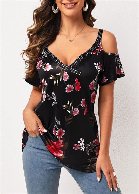 Black Strappy Cold Shoulder Floral Print T Shirt Rosewe Usd