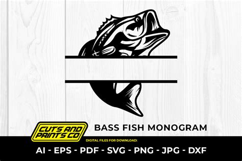 Bass Fish Monogram Svg Png Sublimation Illustration Par Cuts And