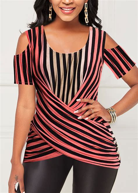 Cold Shoulder Striped Crossover Hem T Shirt Rosewe Usd