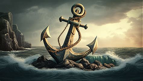 An Anchor Sitting On Stone Next To A Dark Sky Sea Background, Anchor ...
