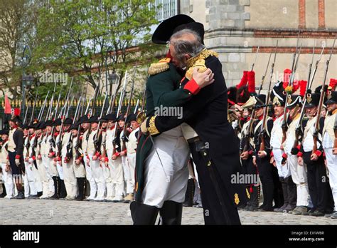 Napoleon Bonaparte bids farewell to the Old Guard (20 April 1814) at Fontainebleau, France Stock ...