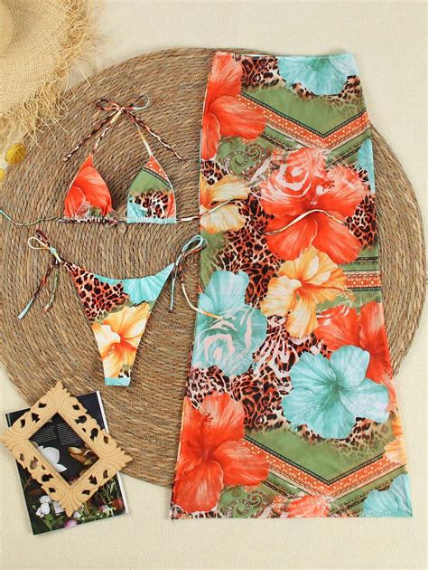 Sexy Leopard Floral Print Halter Tie Up Bikini Set With Coverup And