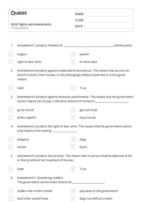 50 The Constitution Amendments Worksheets On Quizizz Free And Printable