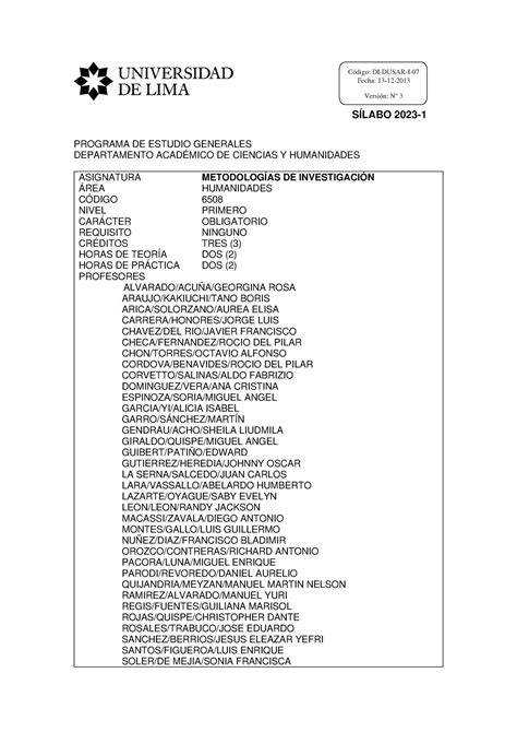 Sílabo Metodologías De Investigación 2023 1 Código Di Dusar I Fecha