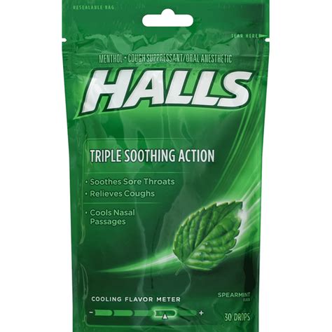 Halls Cough Suppressantoral Anesthetic Menthol Spearmint Flavor 30