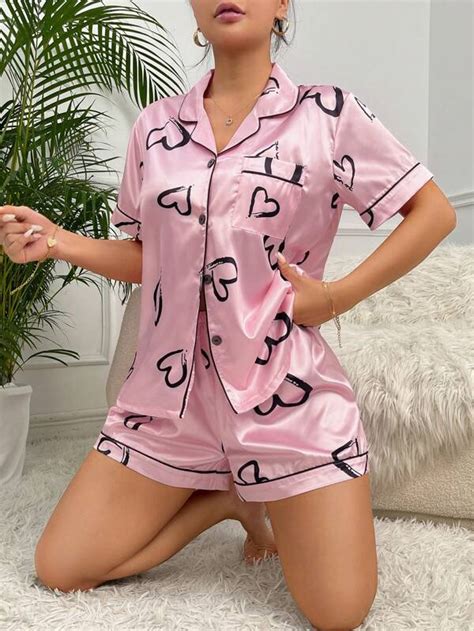 Heart Print Contrast Piping Satin Pj Set Shein Usa