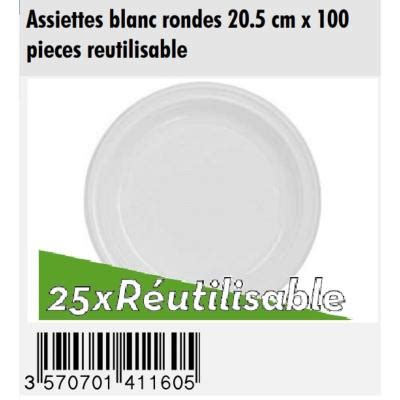 Assiette plastique blanche jetable ou ré utilisable 20 5 cm paquet de 100