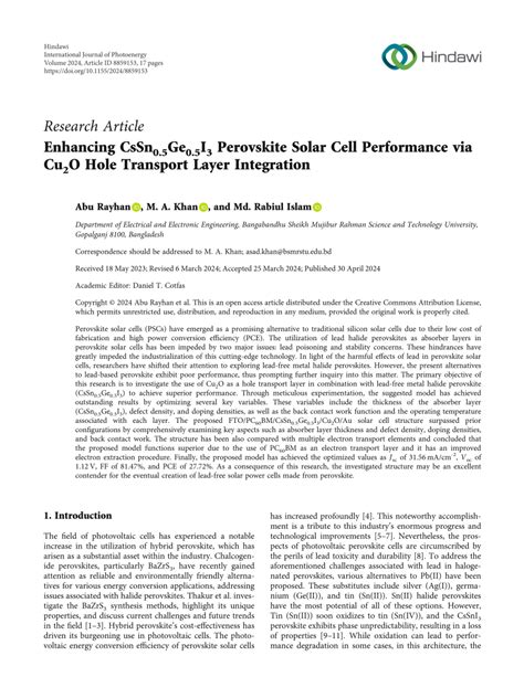 Pdf Enhancing Cssn05ge05i3 Perovskite Solar Cell Performance Via