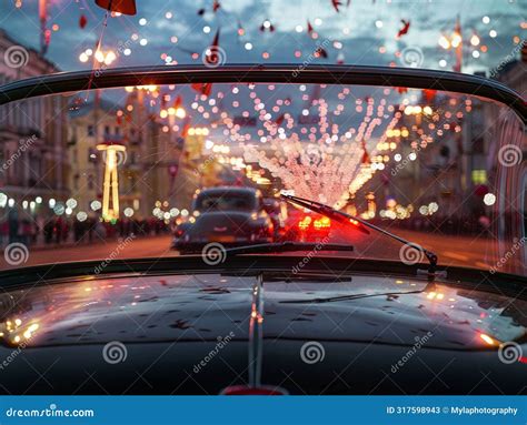 View From Driver Seat In Metro City On A Bad Weather Raining Day Stock