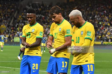 Brazil S Lucas Paqueta Celebrates With Teammates Vinicius Junior And