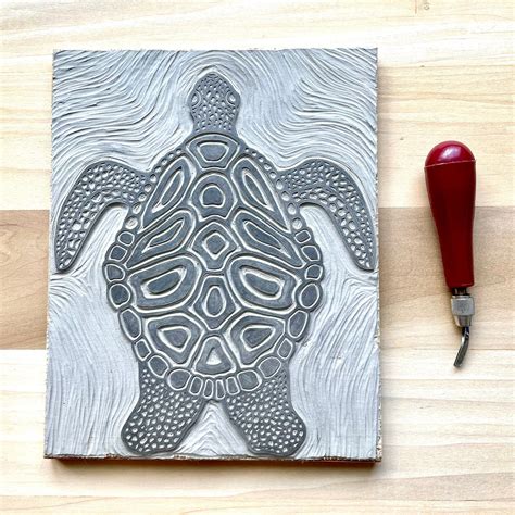 sea turtle linoleum block print handmade hand carved original