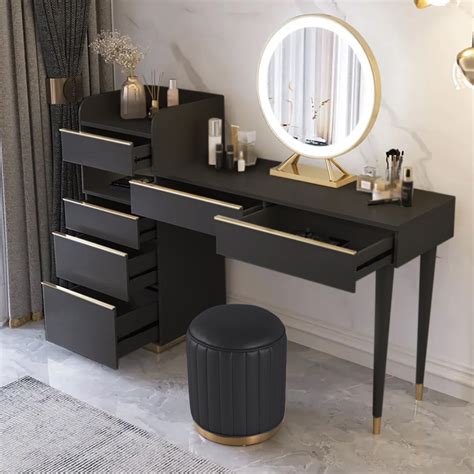 Modern Black Makeup Vanity Set Dressing Table With Lighted Mirror Cabinet And Stool Homary