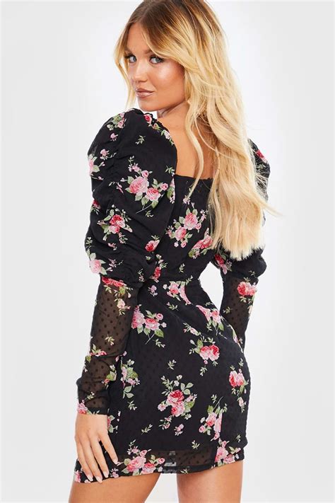 Fashion Influx Black Floral Print Dobby Mesh Puff Sleeved Mini Dress